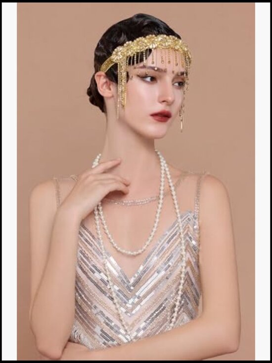 1920s Flapper Headpiece Beaded Chain Headband Great Gatsby Party Hair Accessory main image 4
